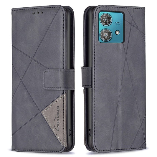 BINFEN COLOR For Motorola Edge 40 Neo 5G Phone Cases Wallet Stand Geometry Imprinted Leather Cover - Black
