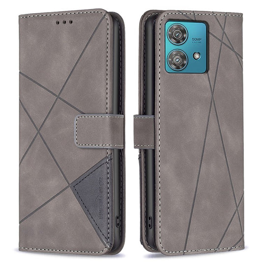 BINFEN COLOR For Motorola Edge 40 Neo 5G Phone Cases Wallet Stand Geometry Imprinted Leather Cover - Grey