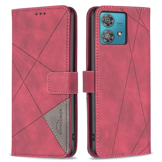 BINFEN COLOR For Motorola Edge 40 Neo 5G Phone Cases Wallet Stand Geometry Imprinted Leather Cover - Red