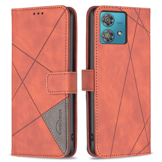 BINFEN COLOR For Motorola Edge 40 Neo 5G Phone Cases Wallet Stand Geometry Imprinted Leather Cover - Brown