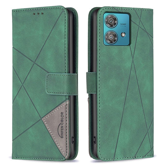 BINFEN COLOR For Motorola Edge 40 Neo 5G Phone Cases Wallet Stand Geometry Imprinted Leather Cover - Green