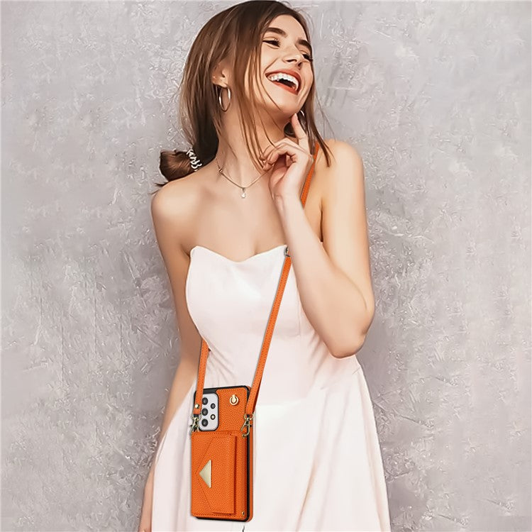 For Samsung Galaxy A53 5G Case Card Holder PU Leather+TPU Cover with Shoulder Strap - Orange