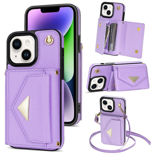 For iPhone 14 Case Card Bag Scratch Resistant Leather+TPU Cover with Shoulder Strap - Purple