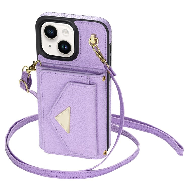 For iPhone 14 Case Card Bag Scratch Resistant Leather+TPU Cover with Shoulder Strap - Purple