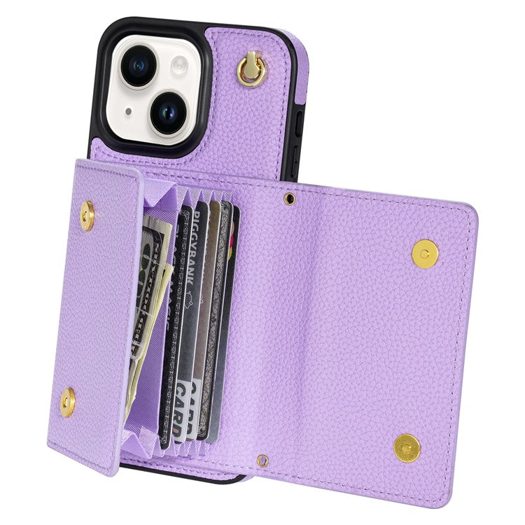 For iPhone 14 Case Card Bag Scratch Resistant Leather+TPU Cover with Shoulder Strap - Purple