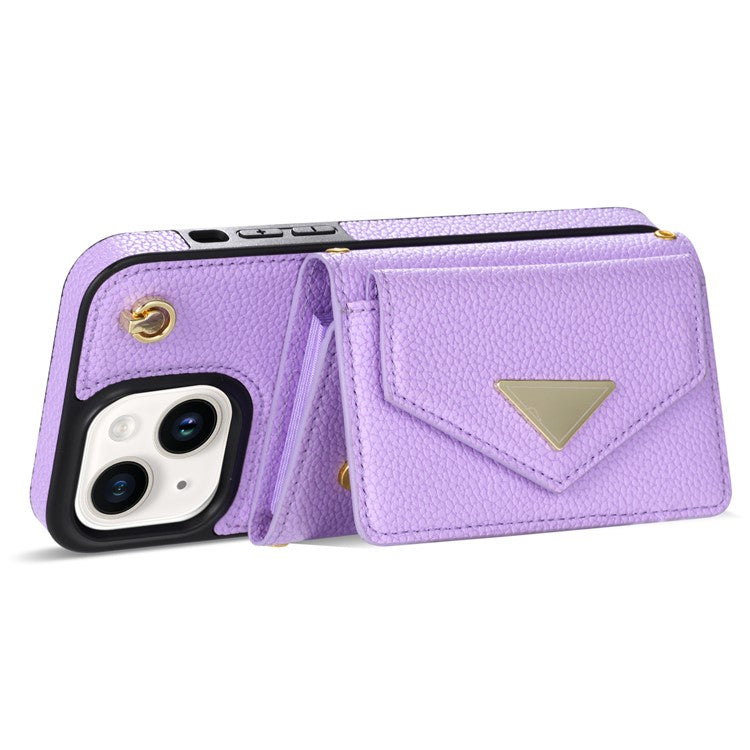For iPhone 14 Case Card Bag Scratch Resistant Leather+TPU Cover with Shoulder Strap - Purple