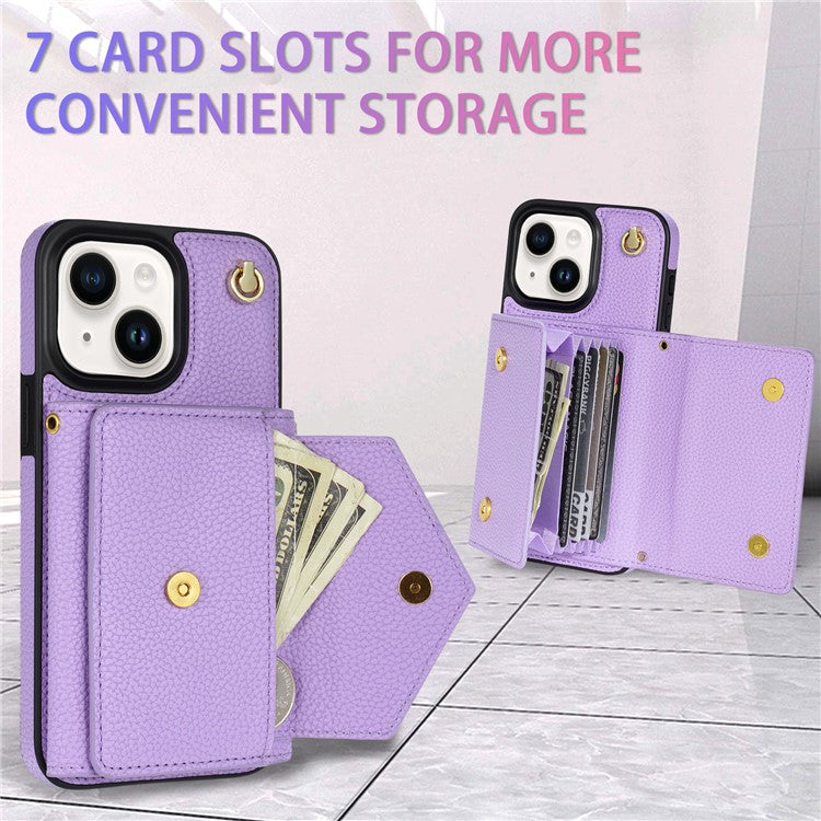 For iPhone 14 Case Card Bag Scratch Resistant Leather+TPU Cover with Shoulder Strap - Purple