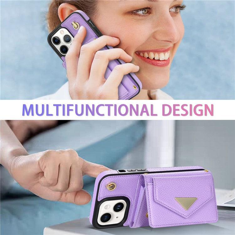 For iPhone 14 Case Card Bag Scratch Resistant Leather+TPU Cover with Shoulder Strap - Purple