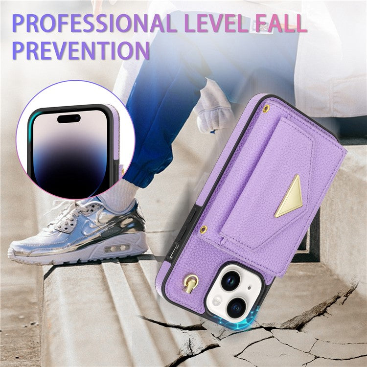 For iPhone 14 Case Card Bag Scratch Resistant Leather+TPU Cover with Shoulder Strap - Purple