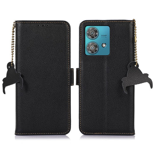 For Motorola Edge 40 Neo 5G Case Genuine Cow Leather Phone Wallet Cover - Black