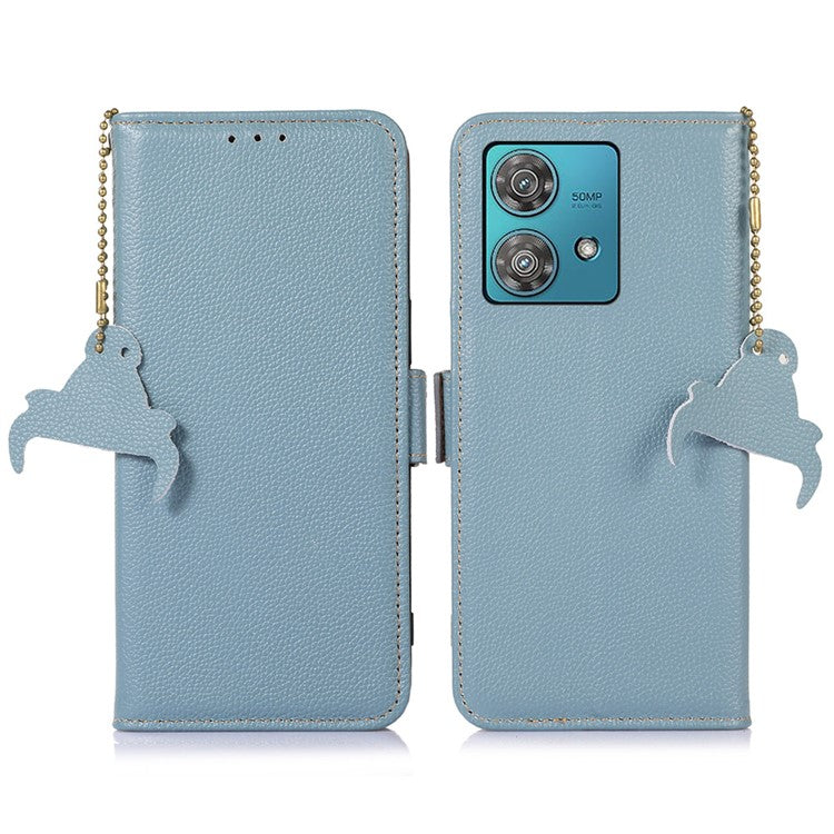 For Motorola Edge 40 Neo 5G Case Genuine Cow Leather Phone Wallet Cover - Blue