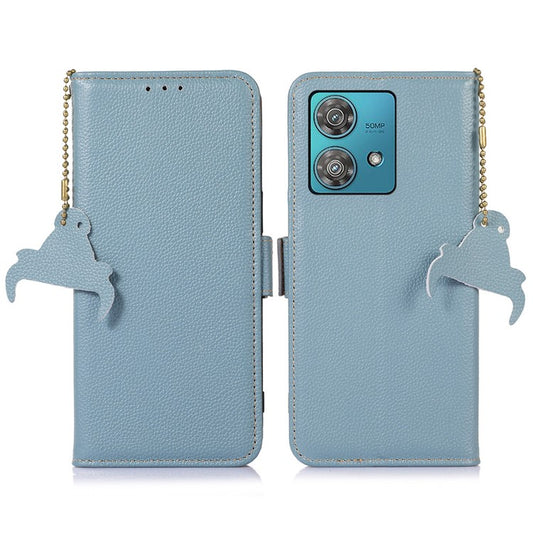 For Motorola Edge 40 Neo 5G Case Genuine Cow Leather Phone Wallet Cover - Blue