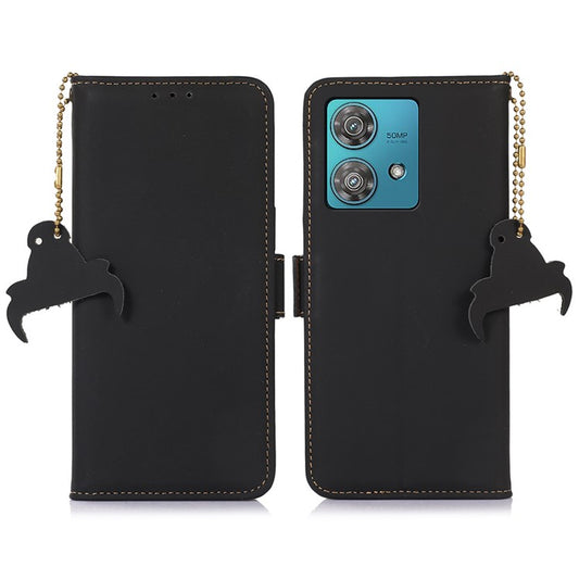 For Motorola Edge 40 Neo 5G Case Wallet Genuine Cow Leather RFID Blocking Phone Cover - Black