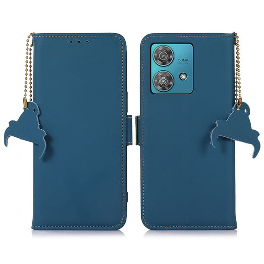 For Motorola Edge 40 Neo 5G Case Wallet Genuine Cow Leather RFID Blocking Phone Cover - Blue