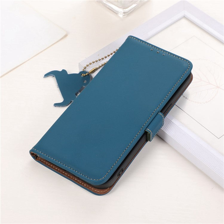 For Motorola Edge 40 Neo 5G Case Wallet Genuine Cow Leather RFID Blocking Phone Cover - Blue