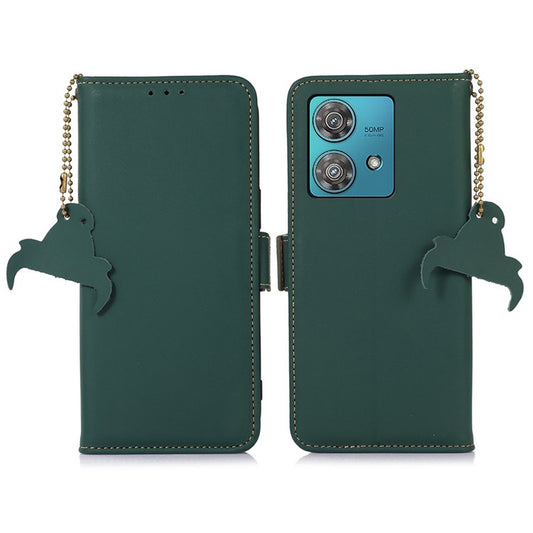 For Motorola Edge 40 Neo 5G Case Wallet Genuine Cow Leather RFID Blocking Phone Cover - Green
