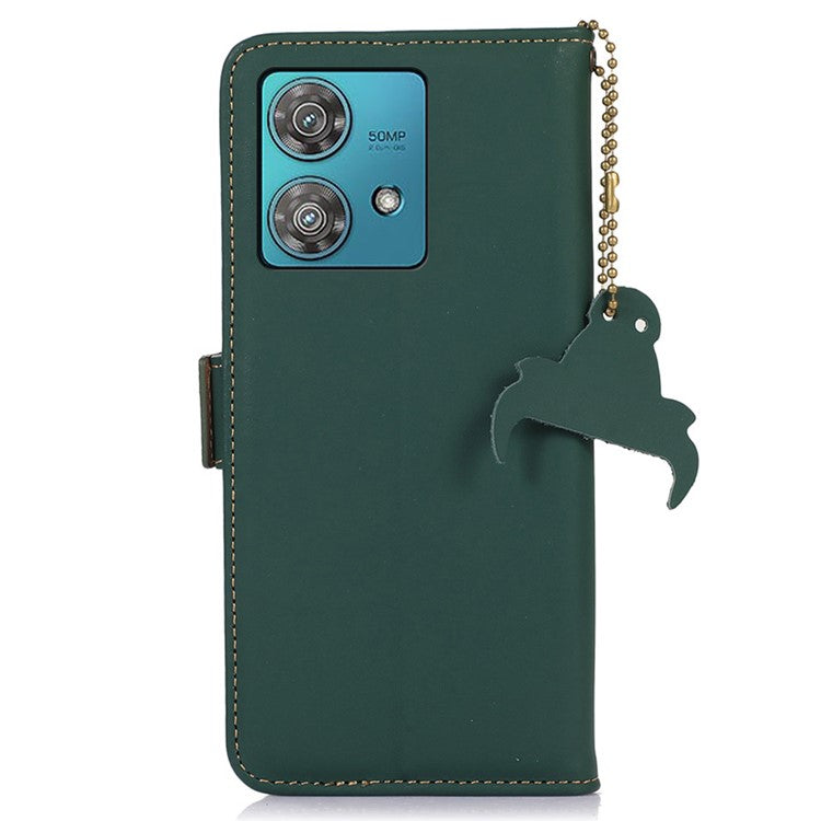 For Motorola Edge 40 Neo 5G Case Wallet Genuine Cow Leather RFID Blocking Phone Cover - Green