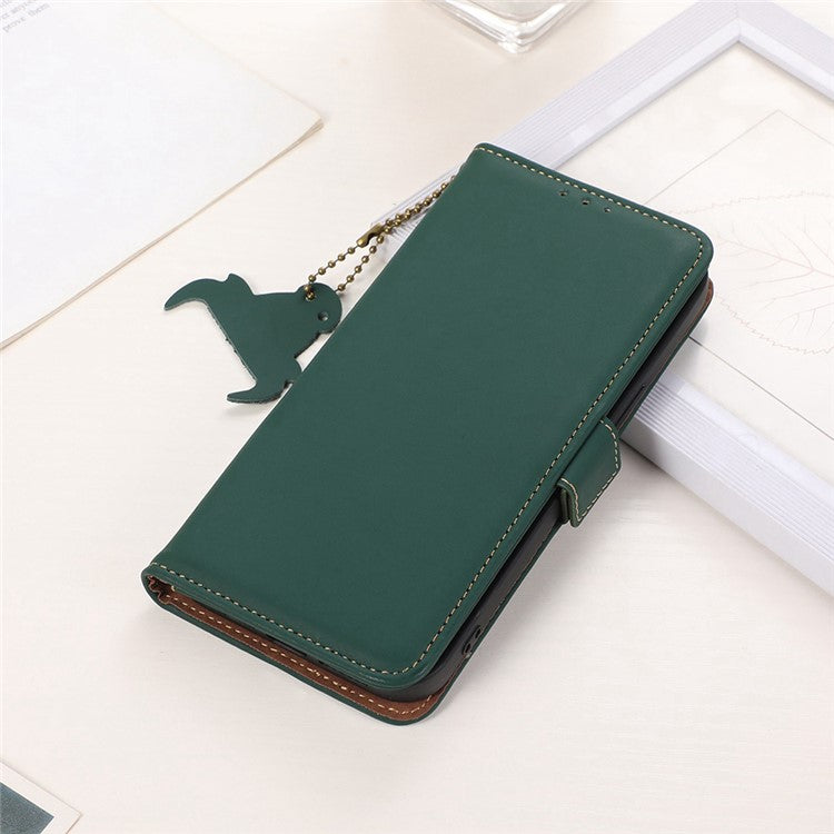 For Motorola Edge 40 Neo 5G Case Wallet Genuine Cow Leather RFID Blocking Phone Cover - Green