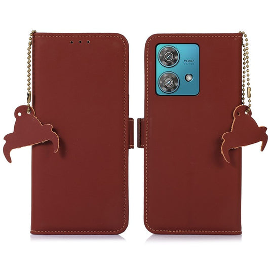 For Motorola Edge 40 Neo 5G Case Wallet Genuine Cow Leather RFID Blocking Phone Cover - Coffee