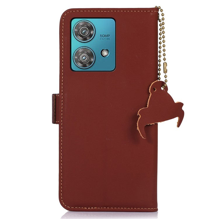 For Motorola Edge 40 Neo 5G Case Wallet Genuine Cow Leather RFID Blocking Phone Cover - Coffee