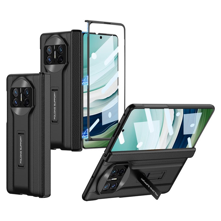 GKK For Huawei Mate X5 Case Magnetic Kickstand PC+PU Phone Cover with Clear Tempered Glass Film - Black