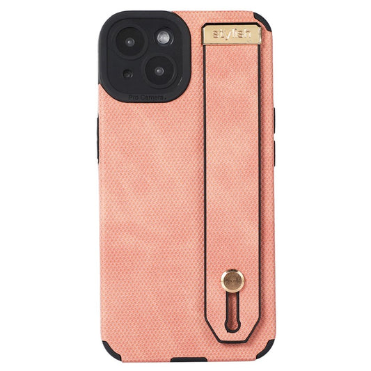 Morandi Style for iPhone 14 Plus Case TPU+PU Leather Wristband Kickstand Phone Cover - Pink