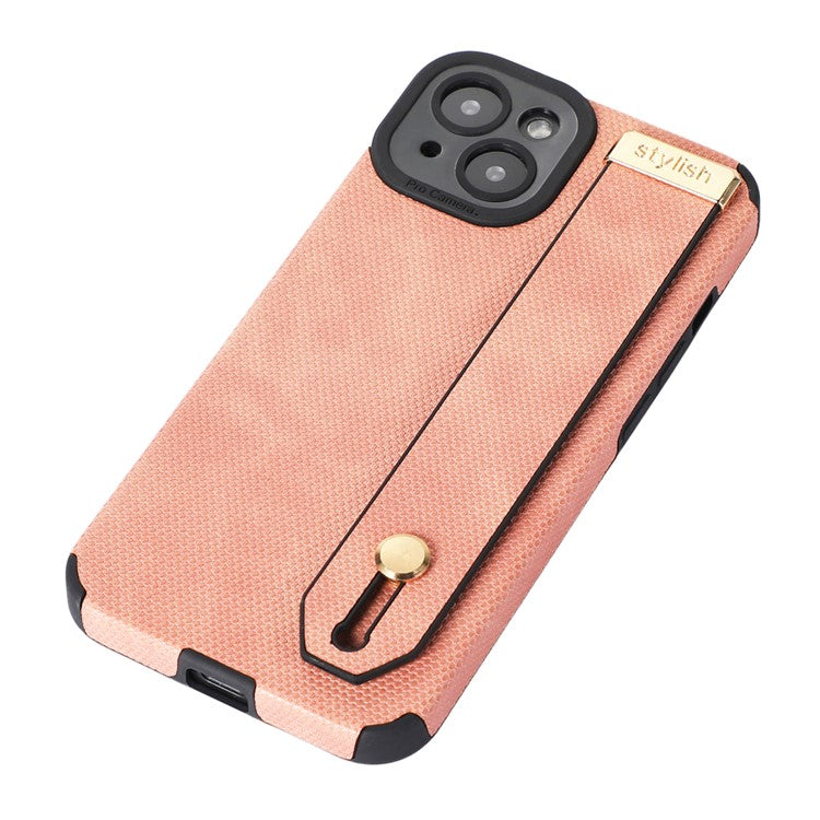 Morandi Style for iPhone 14 Plus Case TPU+PU Leather Wristband Kickstand Phone Cover - Pink