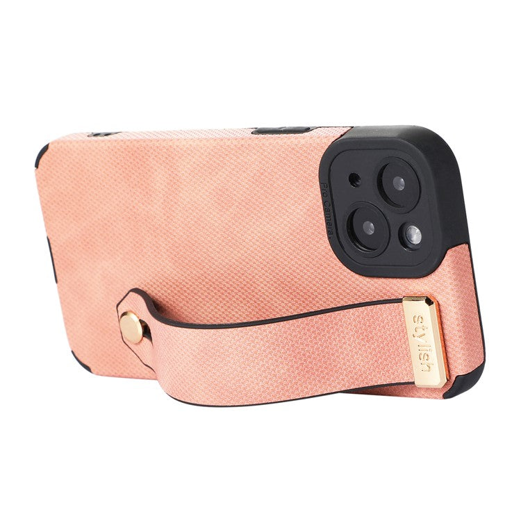 Morandi Style for iPhone 14 Plus Case TPU+PU Leather Wristband Kickstand Phone Cover - Pink
