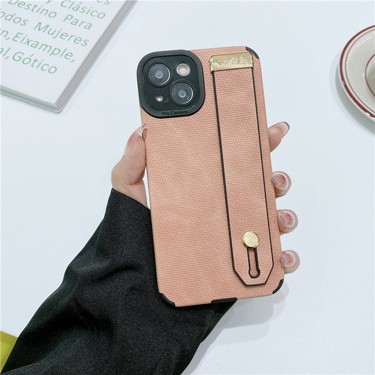 Morandi Style for iPhone 14 Plus Case TPU+PU Leather Wristband Kickstand Phone Cover - Pink