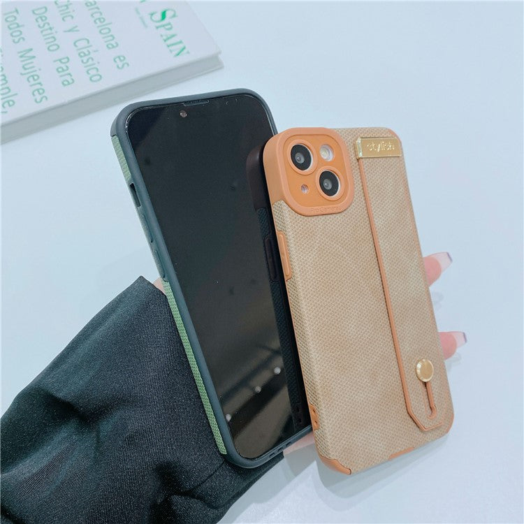 Morandi Style for iPhone 14 Plus Case TPU+PU Leather Wristband Kickstand Phone Cover - Pink