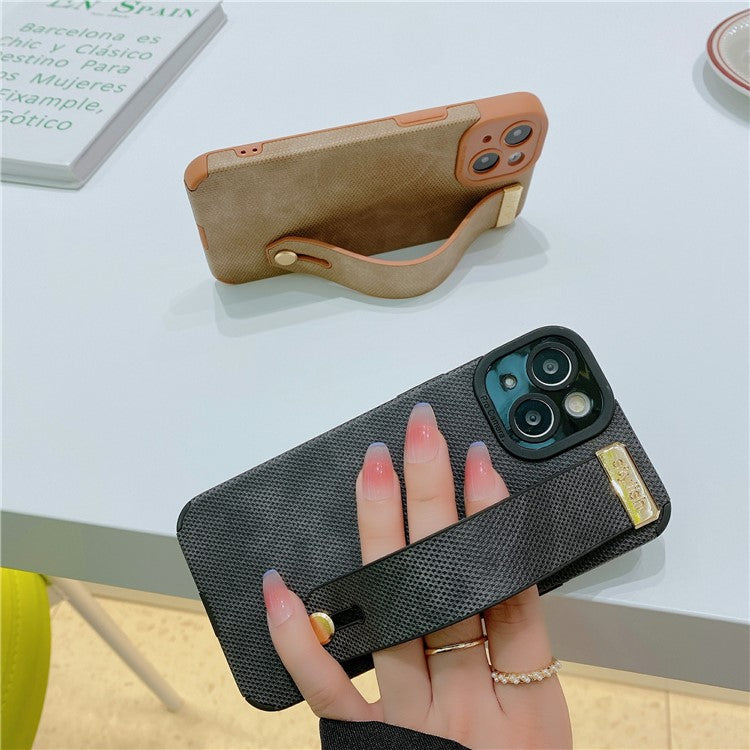 Morandi Style for iPhone 14 Plus Case TPU+PU Leather Wristband Kickstand Phone Cover - Pink