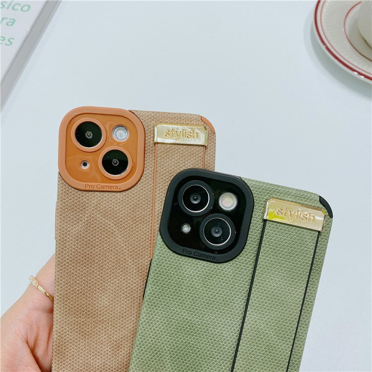 Morandi Style for iPhone 14 Plus Case TPU+PU Leather Wristband Kickstand Phone Cover - Pink