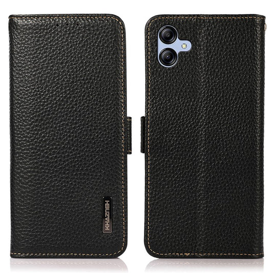 KHAZNEH For Samsung Galaxy A05 4G Phone Case Wallet Stand RFID Blocking Genuine Cow Leather Cover - Black