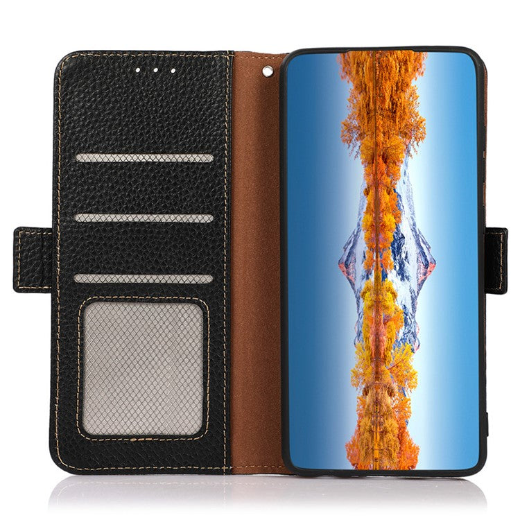 KHAZNEH For Samsung Galaxy A05 4G Phone Case Wallet Stand RFID Blocking Genuine Cow Leather Cover - Black