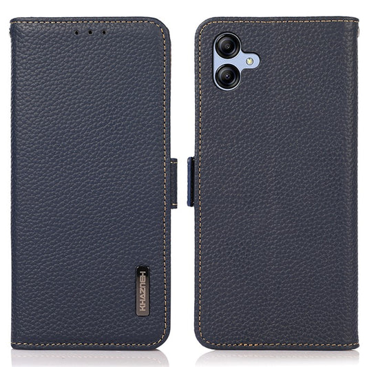 KHAZNEH For Samsung Galaxy A05 4G Phone Case Wallet Stand RFID Blocking Genuine Cow Leather Cover - Blue