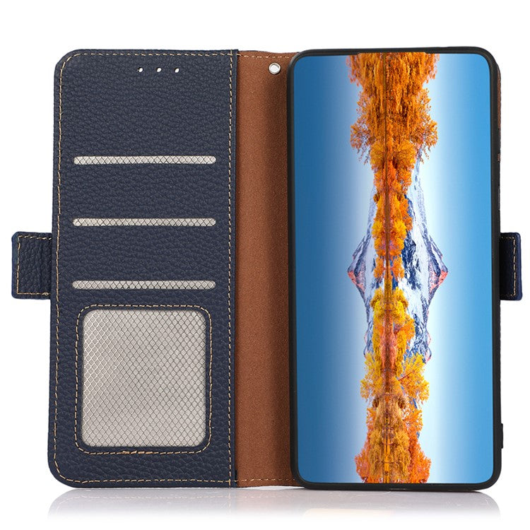KHAZNEH For Samsung Galaxy A05 4G Phone Case Wallet Stand RFID Blocking Genuine Cow Leather Cover - Blue