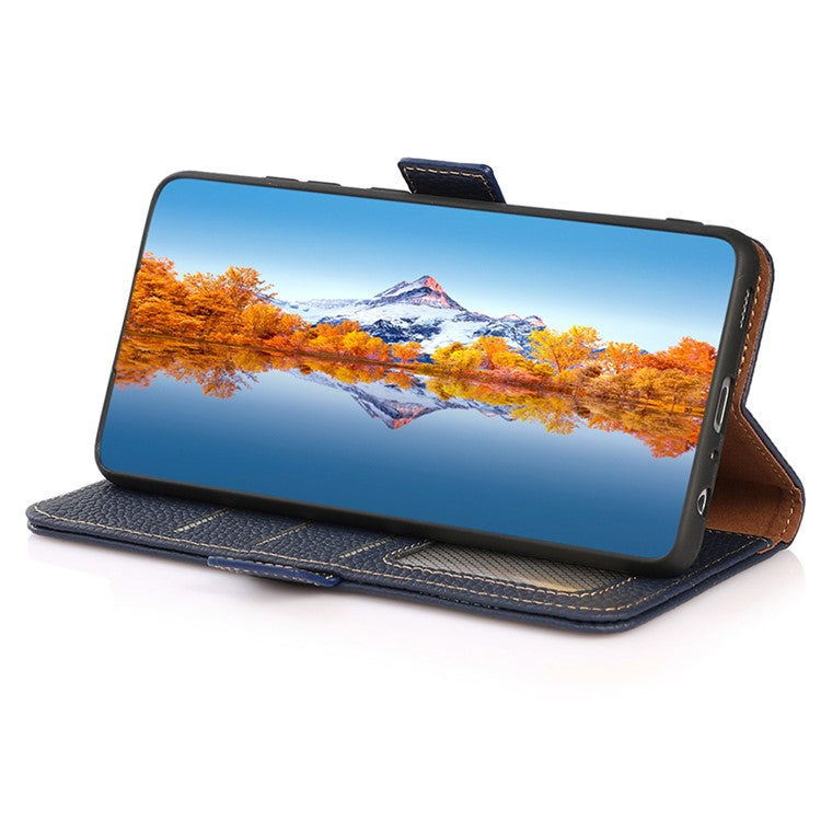 KHAZNEH For Samsung Galaxy A05 4G Phone Case Wallet Stand RFID Blocking Genuine Cow Leather Cover - Blue
