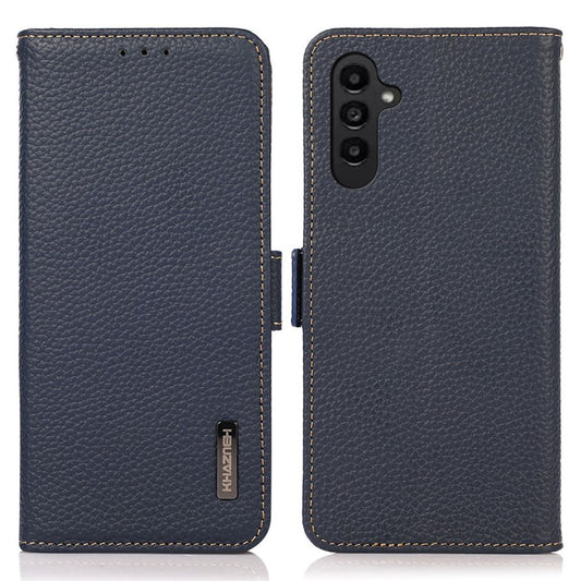 KHAZNEH For Samsung Galaxy A05s 4G Case Genuine Cow Leather Phone Cover Wallet Stand RFID Blocking Shell - Blue