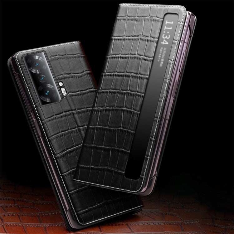QIALINO For Honor Magic Vs 5G Case Smart View Window Genuine Cow Leather Phone Cover - Black
