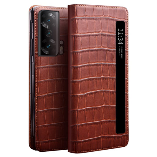 QIALINO For Honor Magic Vs 5G Case Smart View Window Genuine Cow Leather Phone Cover - Brown