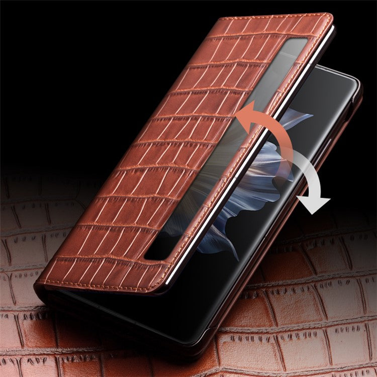QIALINO For Honor Magic Vs 5G Case Smart View Window Genuine Cow Leather Phone Cover - Brown