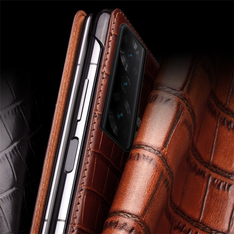 QIALINO For Honor Magic Vs 5G Case Smart View Window Genuine Cow Leather Phone Cover - Brown