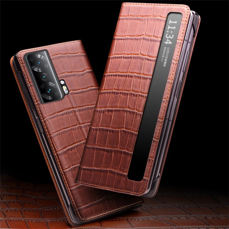 QIALINO For Honor Magic Vs 5G Case Smart View Window Genuine Cow Leather Phone Cover - Brown