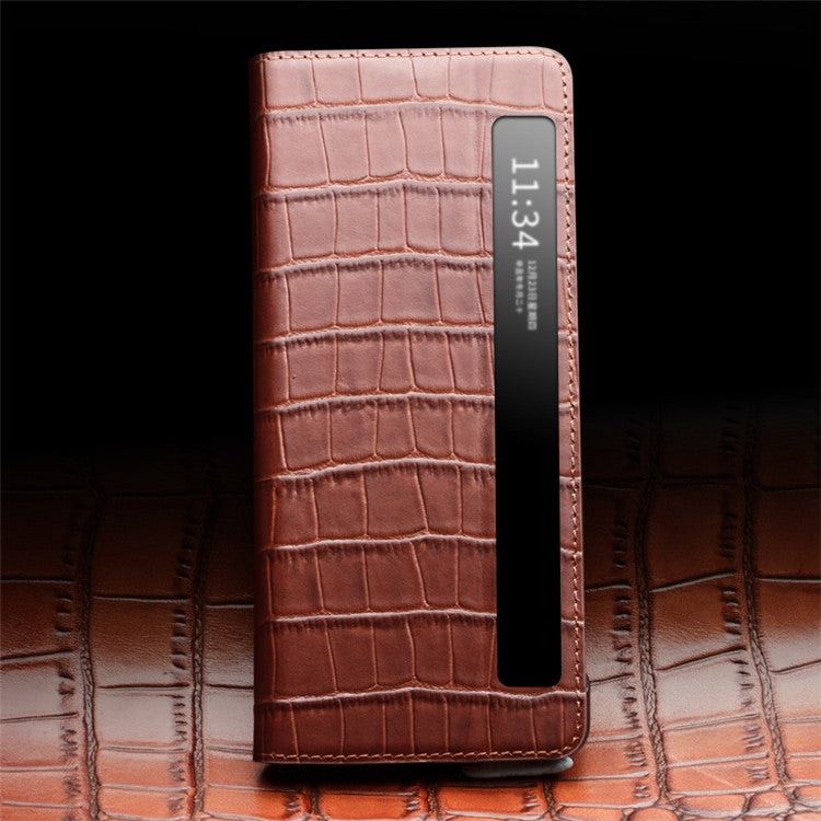 QIALINO For Honor Magic Vs 5G Case Smart View Window Genuine Cow Leather Phone Cover - Brown