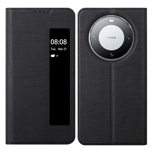 VILI DMX Series Phone Shell for Huawei Mate 60 Pro Case View Window PU Leather Stand Phone Cover - Black