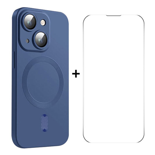 ENKAY HAT PRINCE For iPhone 14 Plus Case TPU Magnetic Phone Cover with High Aluminium-silicon Glass Film - Dark Blue