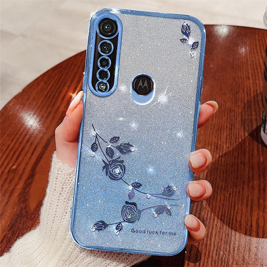 KADEM For Motorola Moto G8 Plus Case Rhinestone Flower TPU Phone Cover - Blue