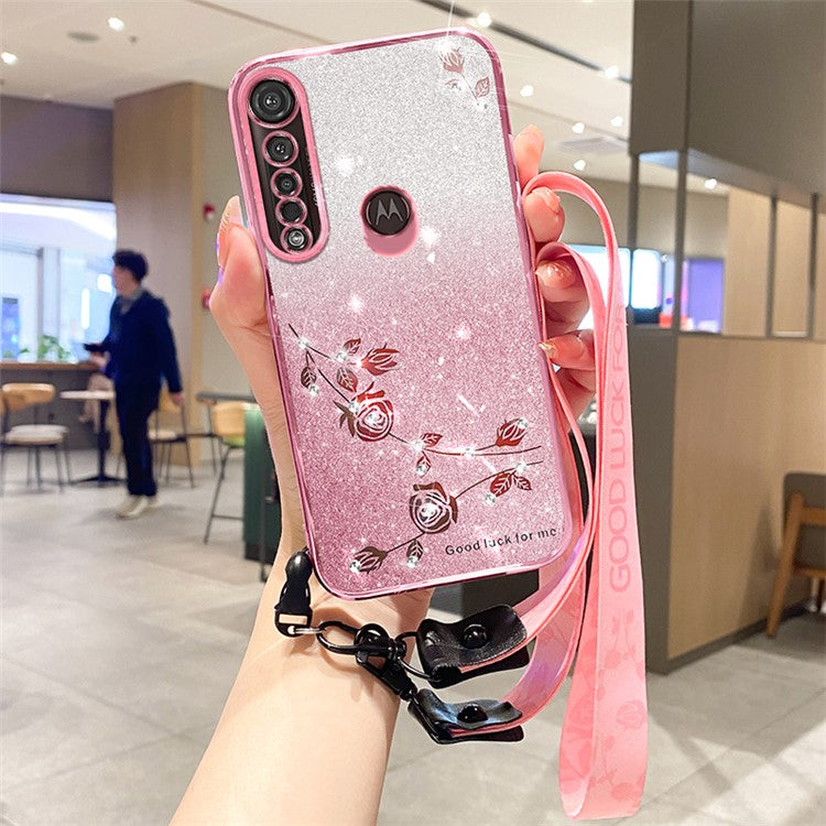 KADEM For Motorola Moto G8 Plus TPU Case with Strap Rhinestone Flower Phone Cover - Rose Gold