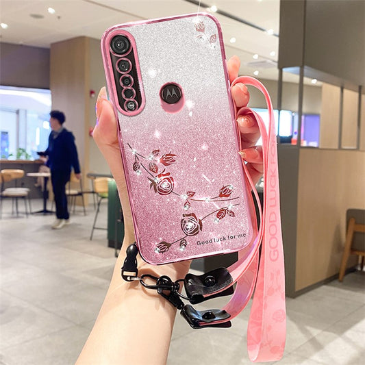 KADEM For Motorola Moto G8 Plus TPU Case with Strap Rhinestone Flower Phone Cover - Rose Gold