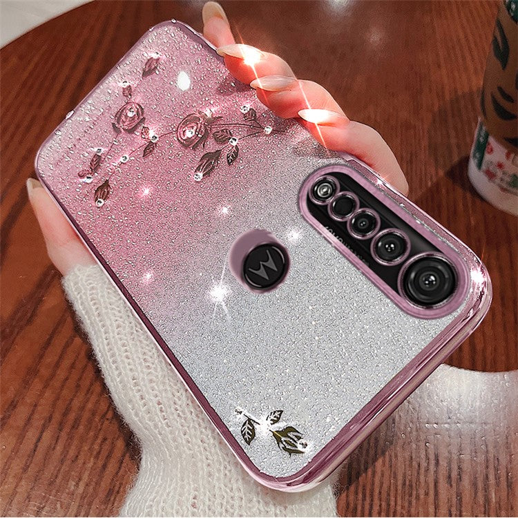 KADEM For Motorola Moto G8 Plus TPU Case with Strap Rhinestone Flower Phone Cover - Rose Gold